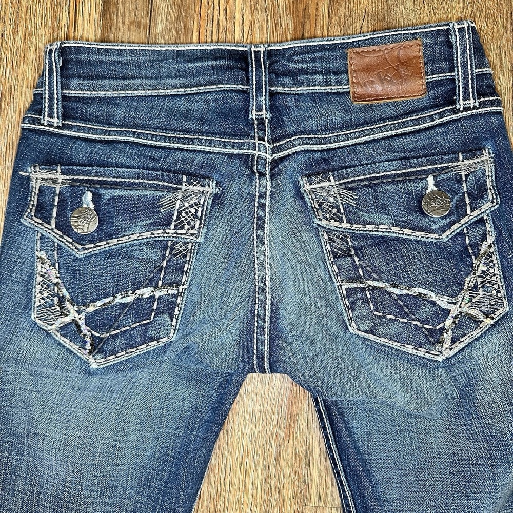 BKE Stella Boot Jeans Y2K Womens 24x31.5 Low Rise Stretch Bling Flap Pockets - Picture 7 of 14